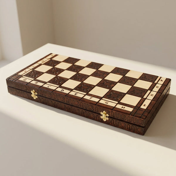 Indian Wooden Chess Set – Hand-Carved Pieces, Folding Board