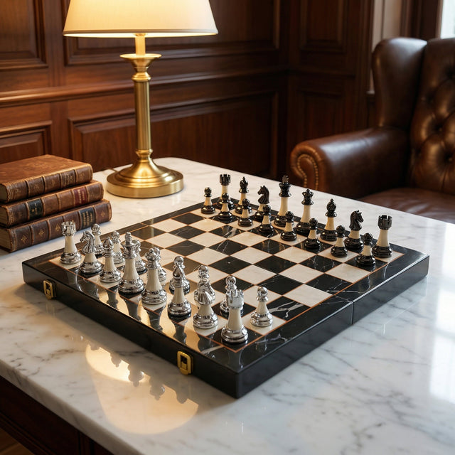 Folding Ebony Chess Board with Metal-Effect Pieces