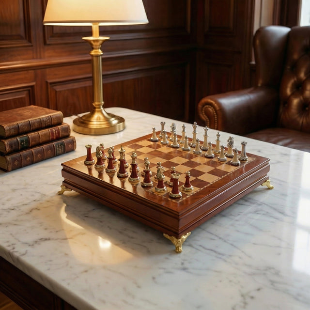 Ebony Wood Chess Set with Storage – Inlaid Metal Pieces