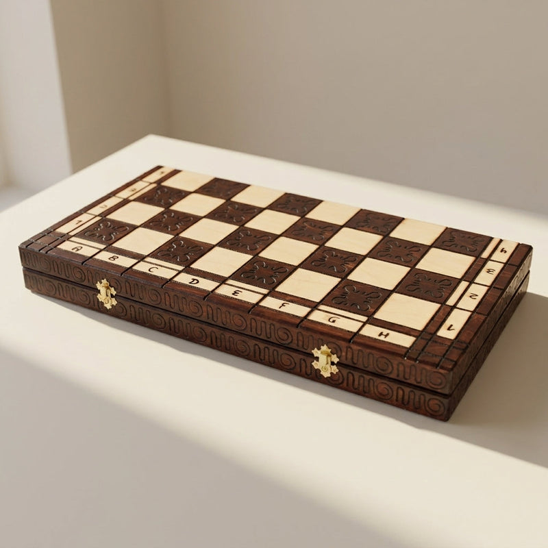 Indian Wooden Chess Set – Hand-Carved Pieces, Folding Board