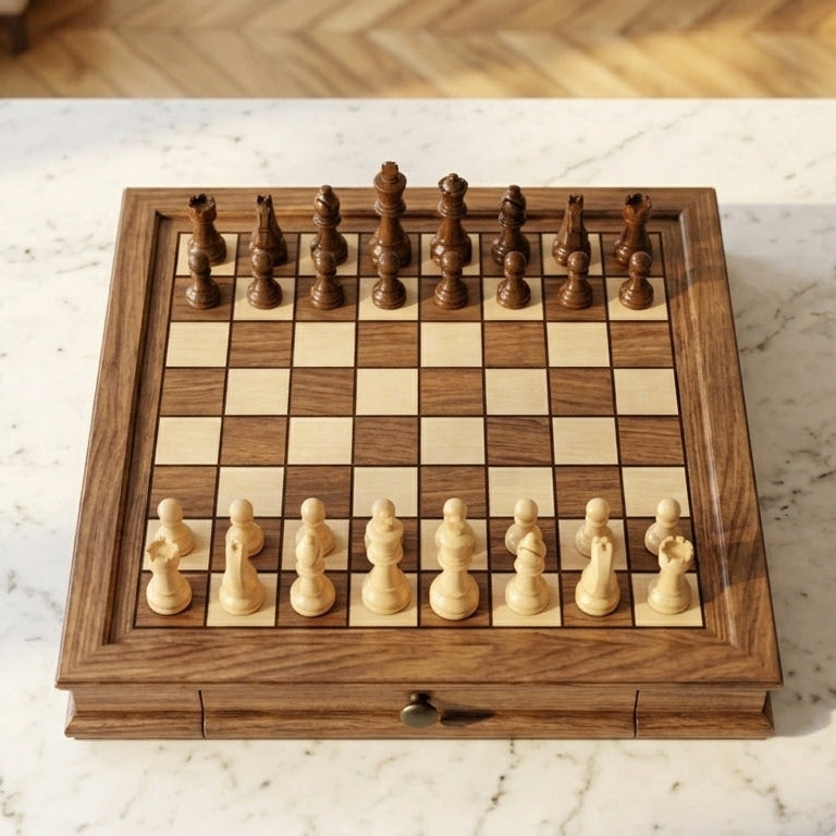 Solid Walnut Chess Board with Drawers & Weighted Pieces – view 3