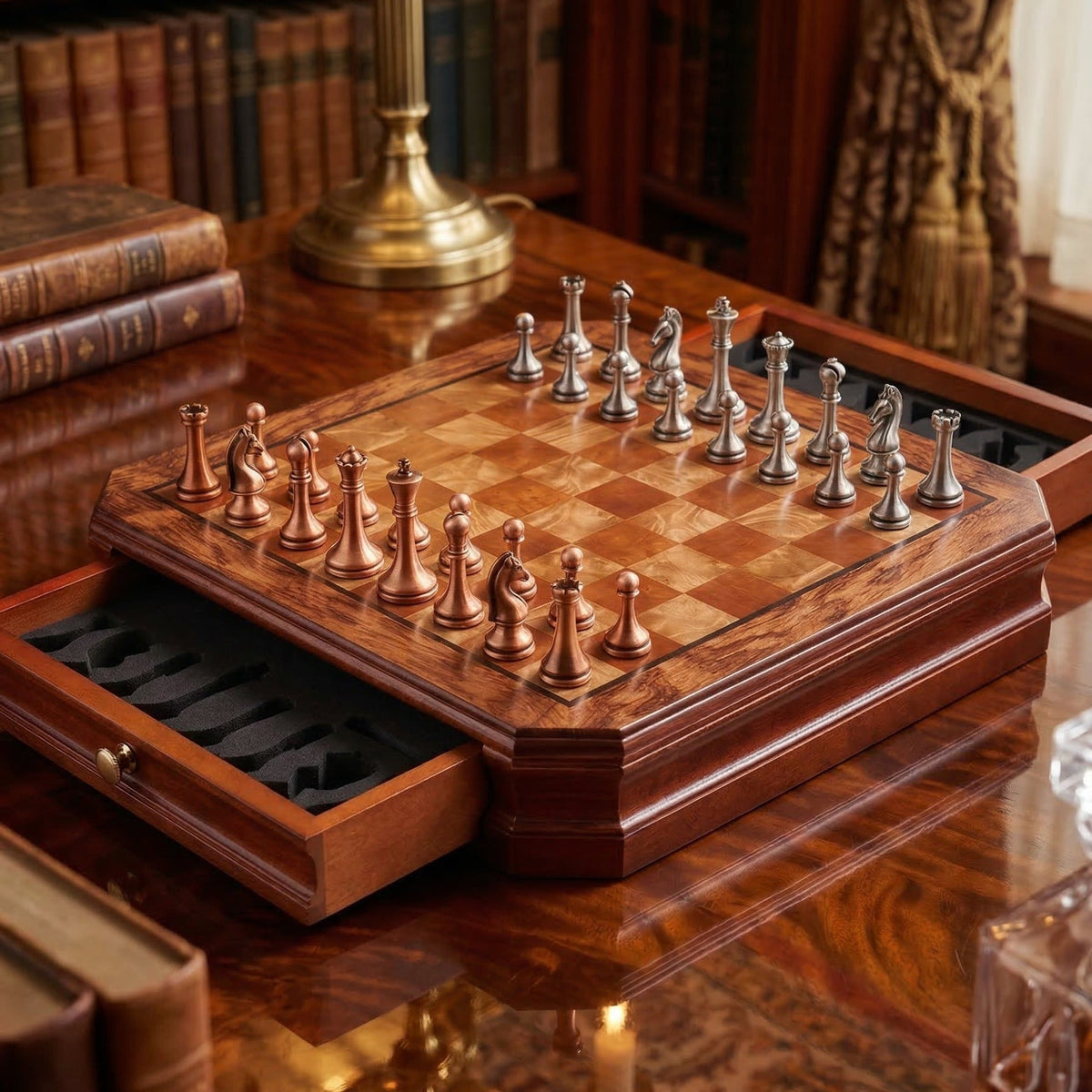 Mahogany Chess Set with Storage Drawers & Metal Pieces – view 2