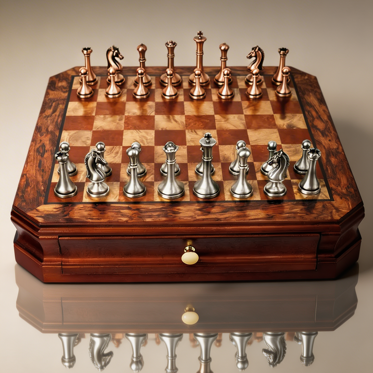 Mahogany Chess Set with Storage Drawers & Metal Pieces – view 4