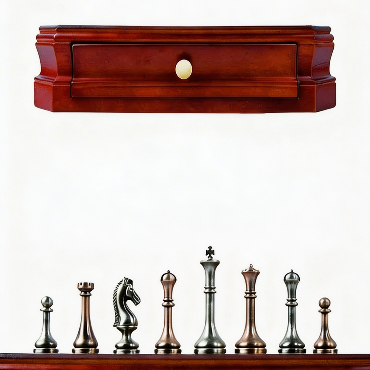 Mahogany Chess Set with Storage Drawers & Metal Pieces – view 6