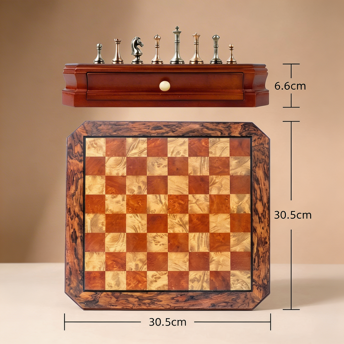 Mahogany Chess Set with Storage Drawers & Metal Pieces – view 7