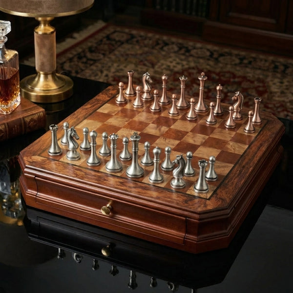 Mahogany Chess Set with Storage Drawers & Metal Pieces