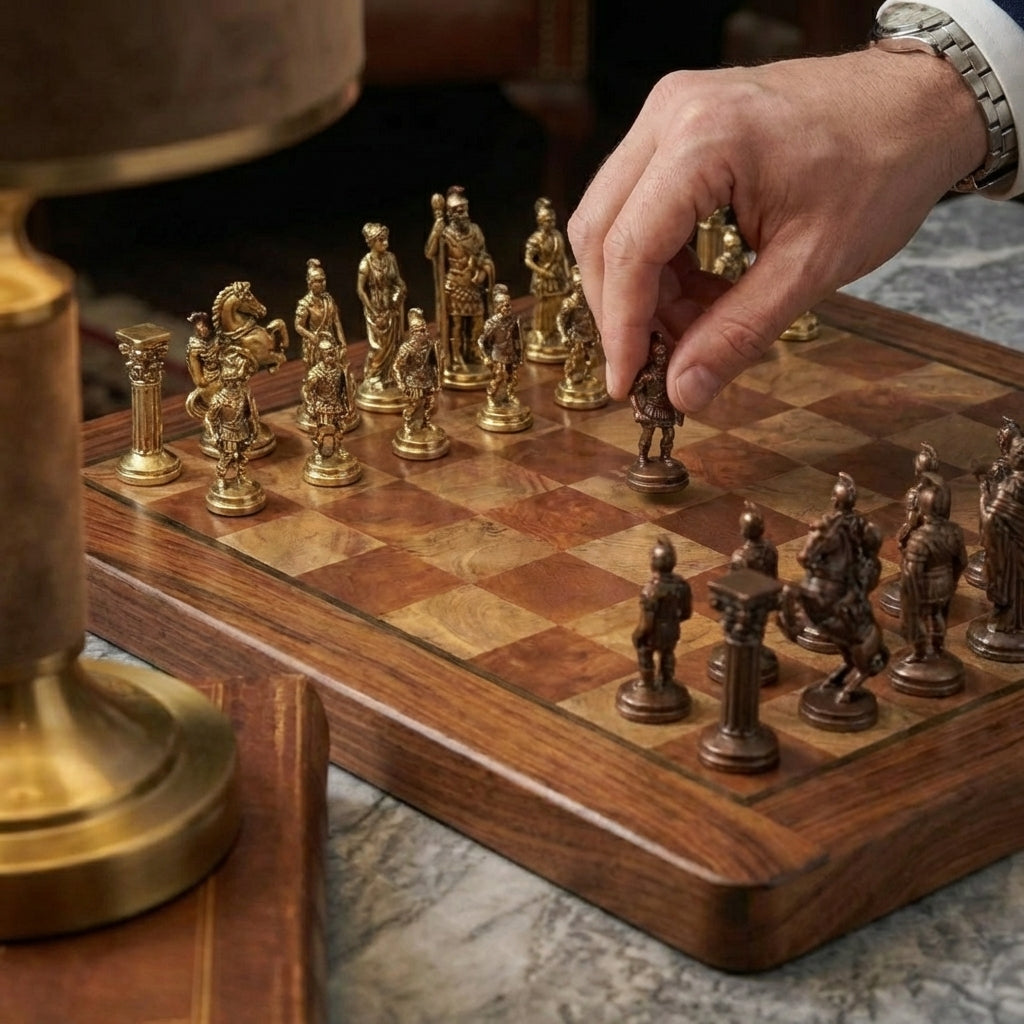 Folding Mahogany Chess Board with Polished Brass Pieces – view 2