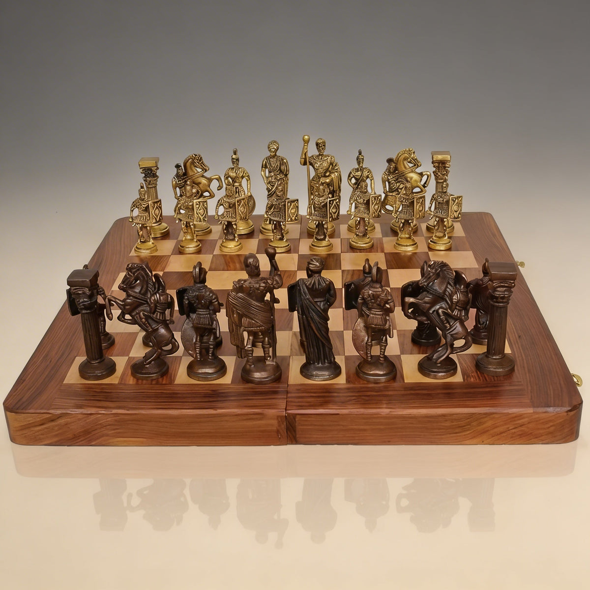 Folding Mahogany Chess Board with Polished Brass Pieces – view 5