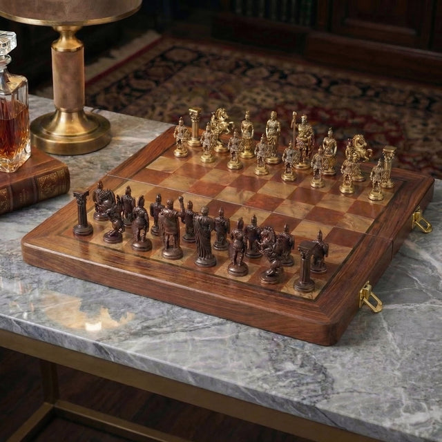 Folding Mahogany Chess Board with Polished Brass Pieces