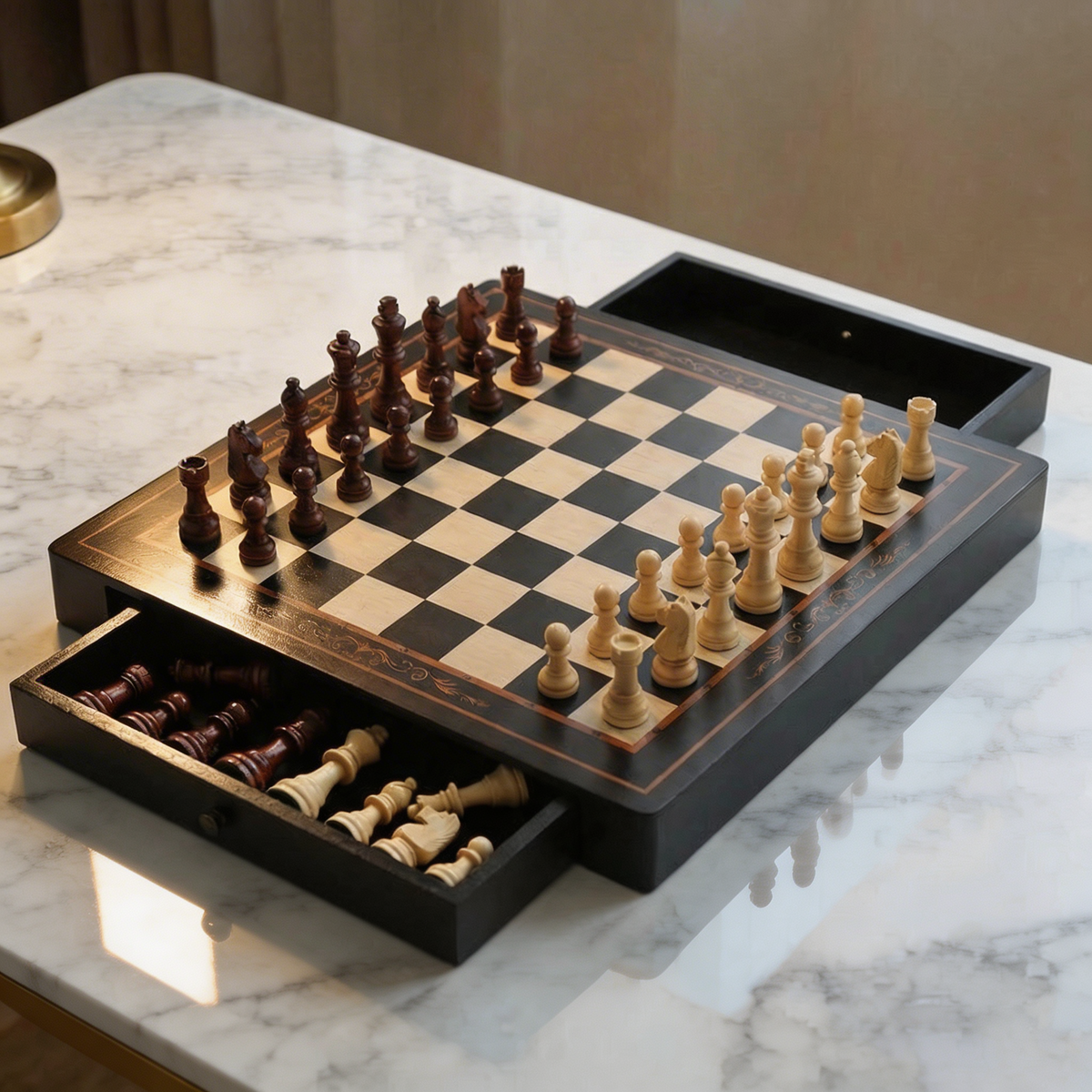 Magnetic Chess Board with Drawers – Walnut & Maple Wood – view 2