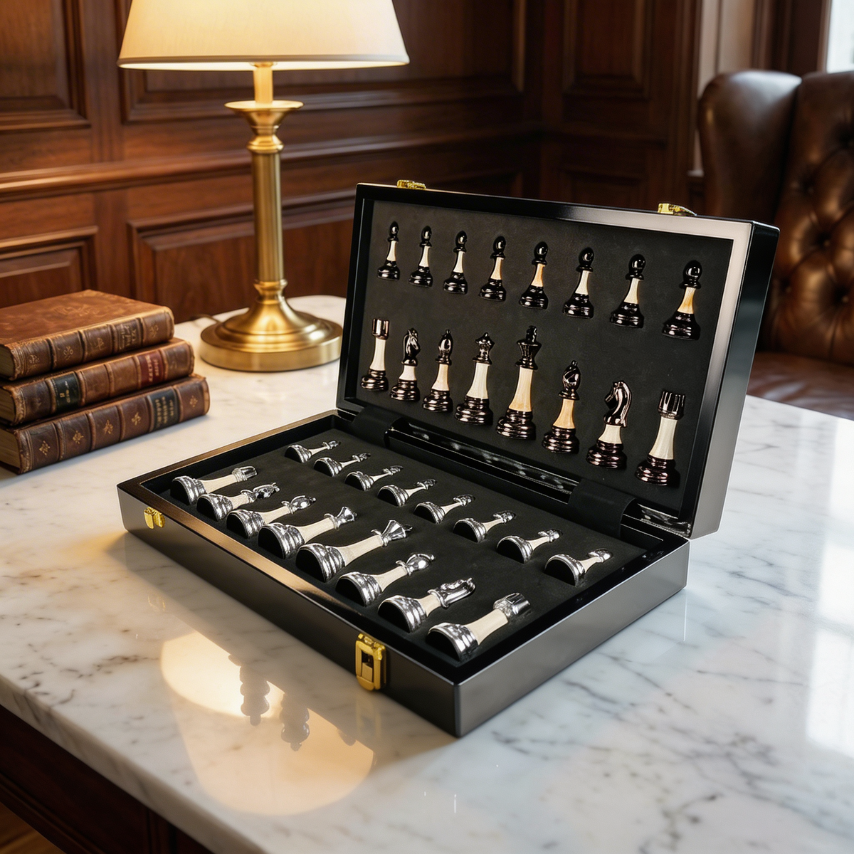 Folding Ebony Chess Board with Metal-Effect Pieces – view 2