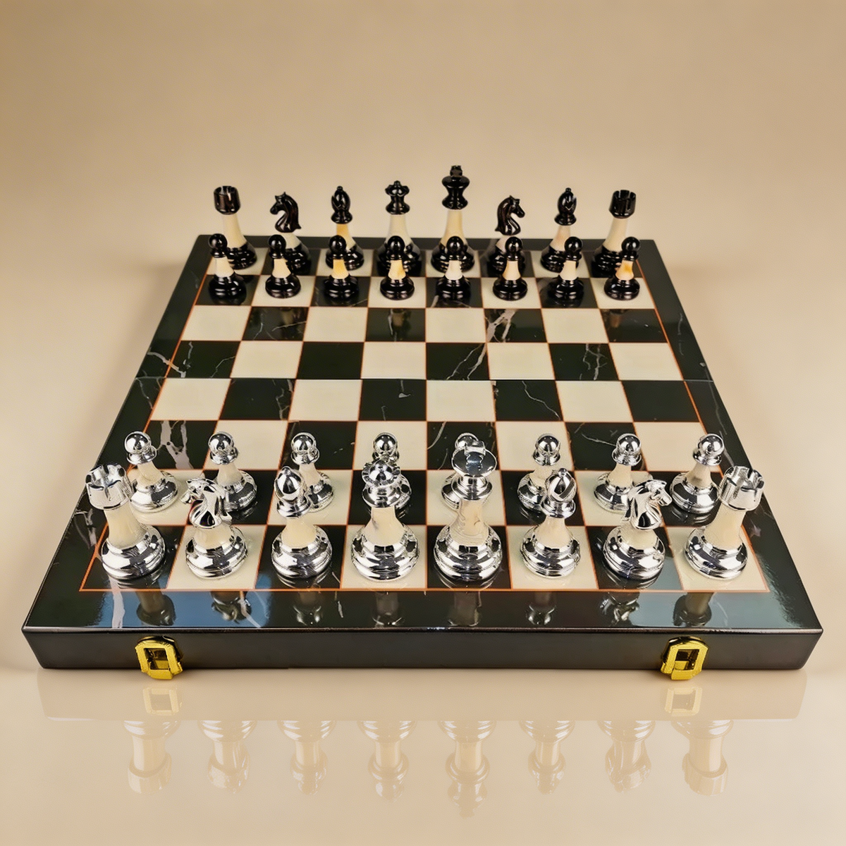 Folding Ebony Chess Board with Metal-Effect Pieces – view 6