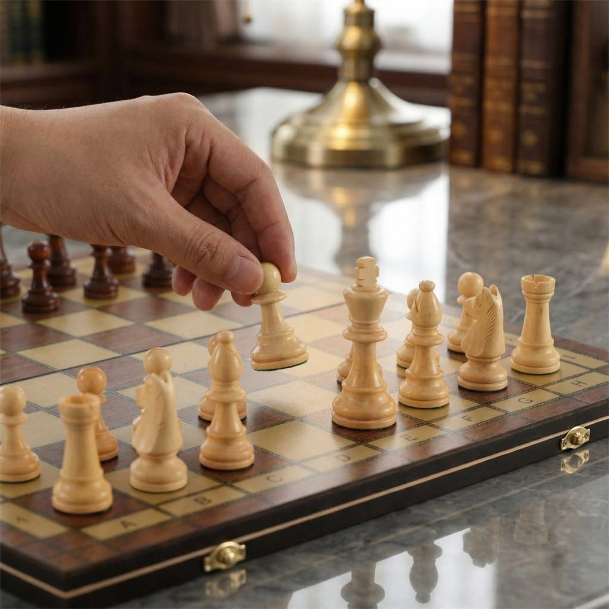 Magnetic Folding Chess Board in Mahogany – Travel Set – view 2