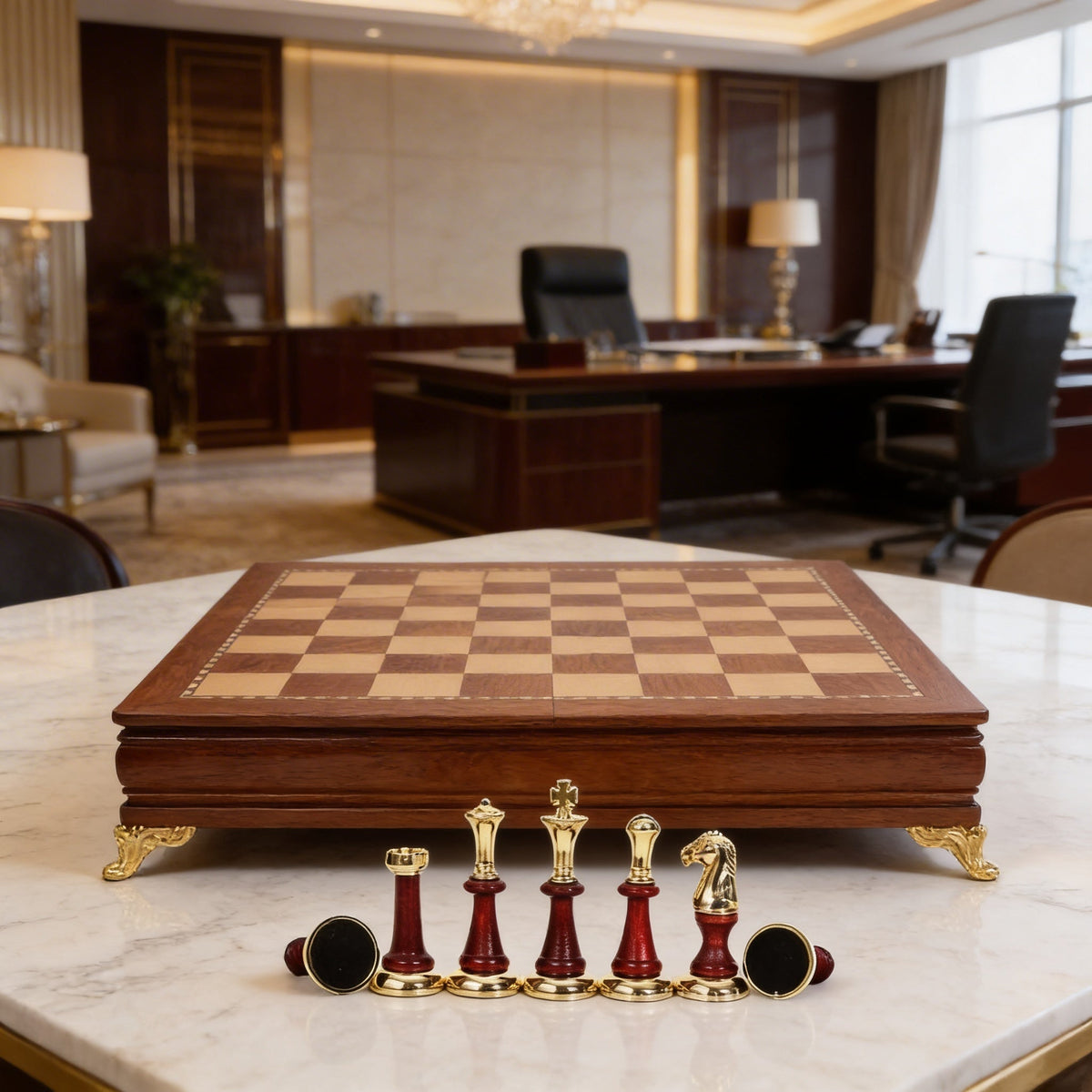 Ebony Wood Chess Set with Storage – Inlaid Metal Pieces – view 7