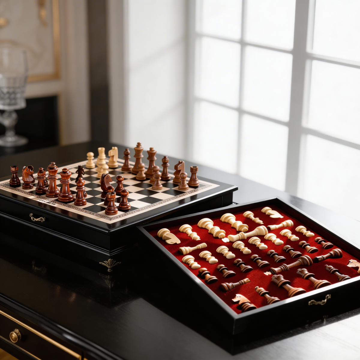 Olive Wood Chess Set with Drawer – Black Lacquered Board – view 2