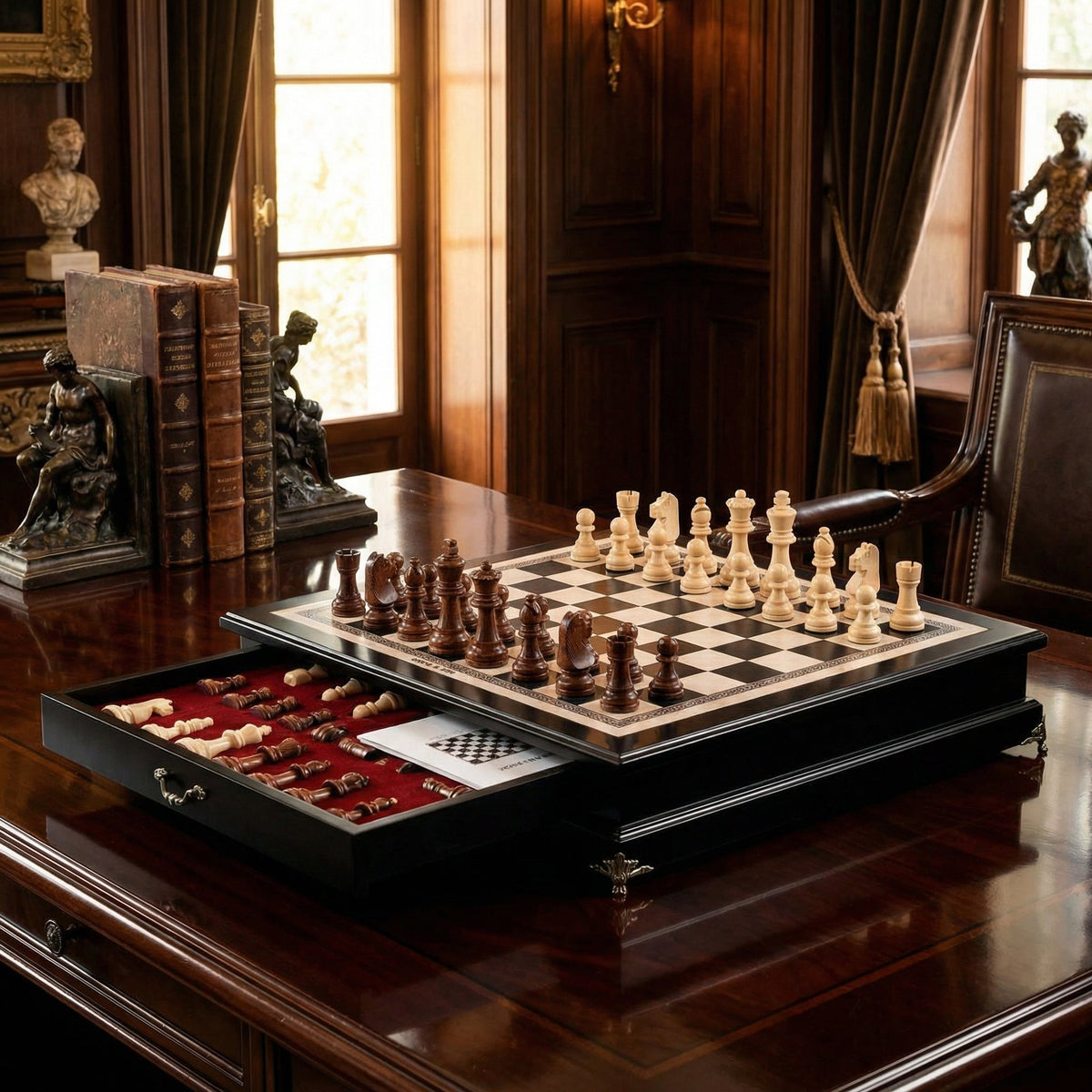 Olive Wood Chess Set with Drawer – Black Lacquered Board – view 3