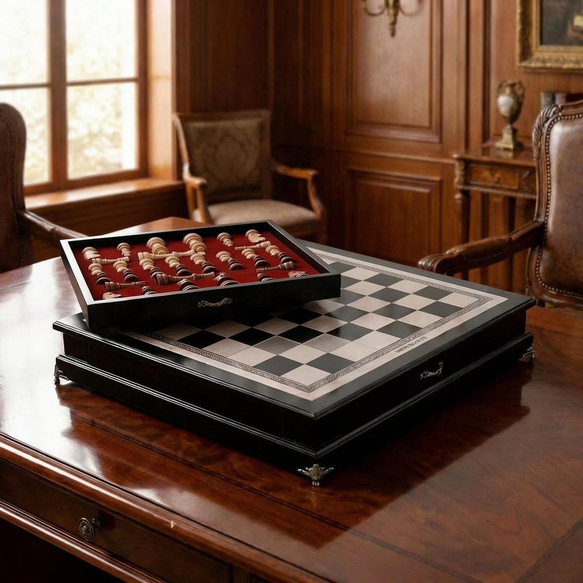 Olive Wood Chess Set with Drawer – Black Lacquered Board – view 4