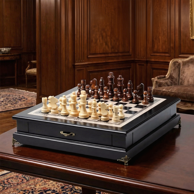 Olive Wood Chess Set with Drawer – Black Lacquered Board