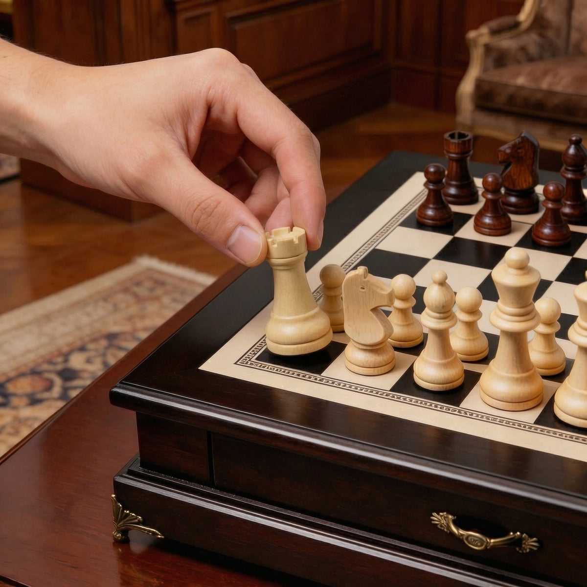 Olive Wood Chess Set with Drawer – Black Lacquered Board – view 5