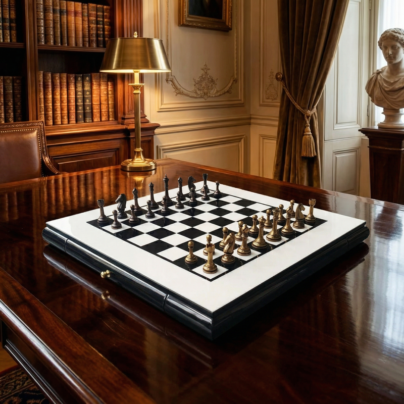 Boxwood & Ebony Chess Board with Drawer – Piano Gloss