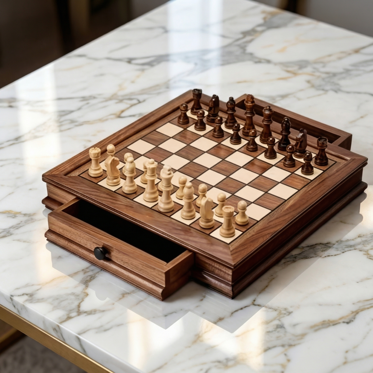 Solid Walnut Chess Board with Drawers & Weighted Pieces – view 2