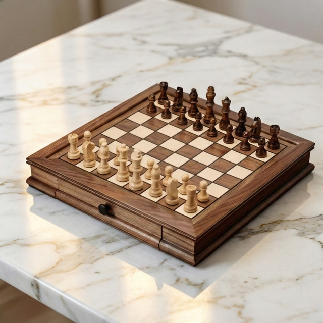 Solid Walnut Chess Board with Drawers & Weighted Pieces